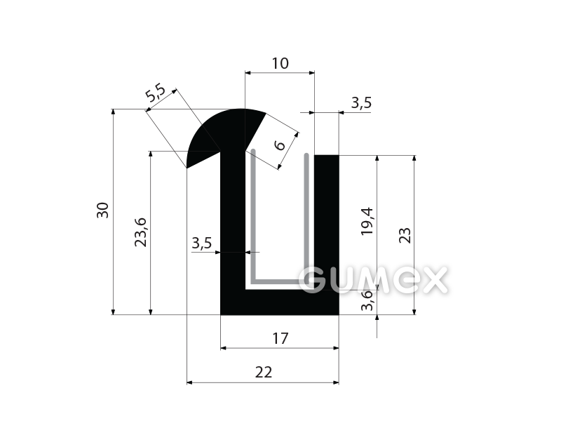 "U" Gummiprofil mit Samt, 30x22/10mm, Länge 1600mm, 70°ShA, EPDM, -40°C/+100°C, schwarz, 